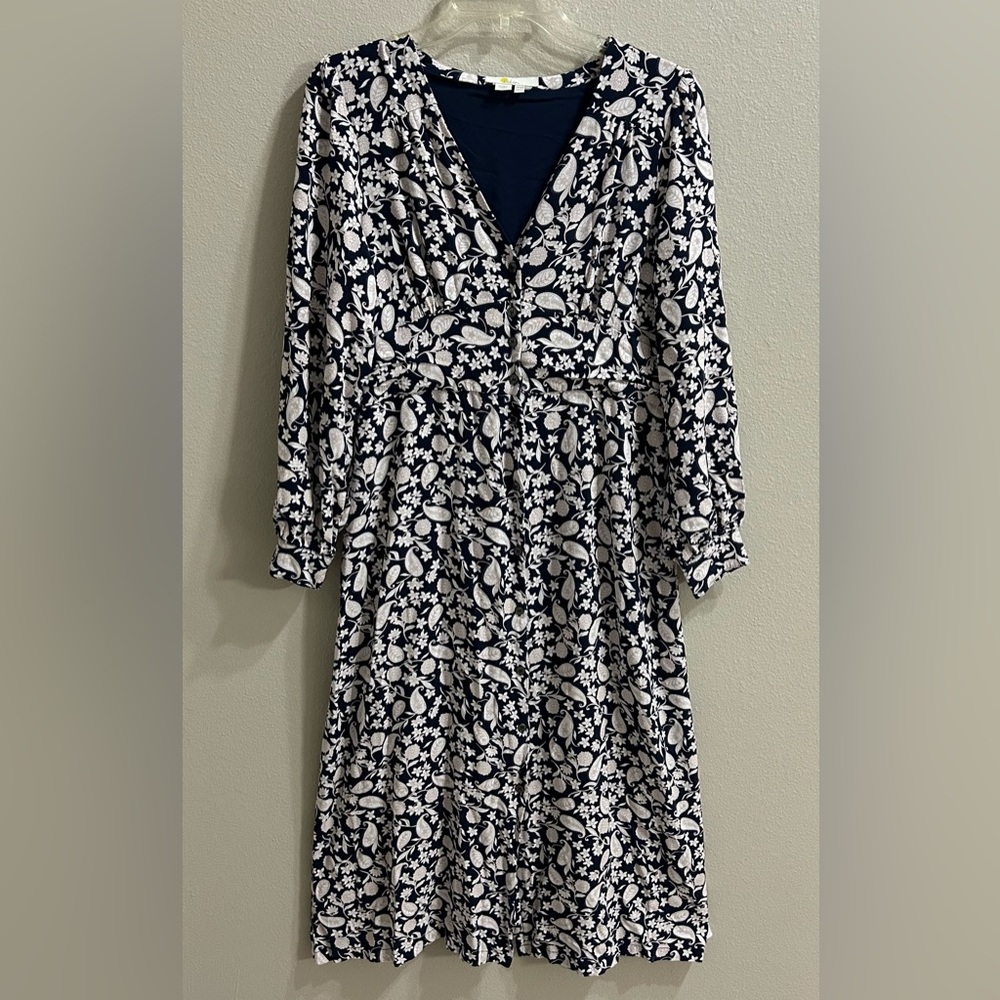 Boden Navy and Cream Leaf Print Midi Dress